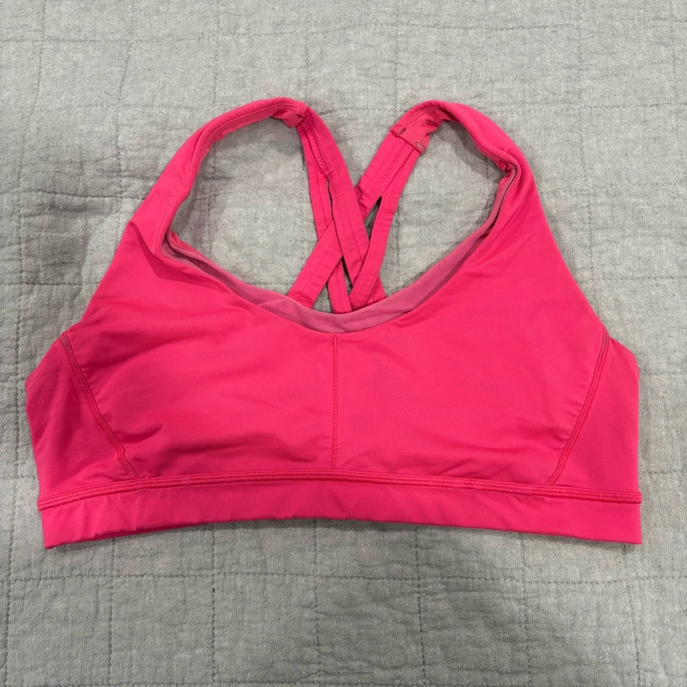 Lululemon Stash N’ Run Bra Neon Pink Strappy Back Pockets Size 12